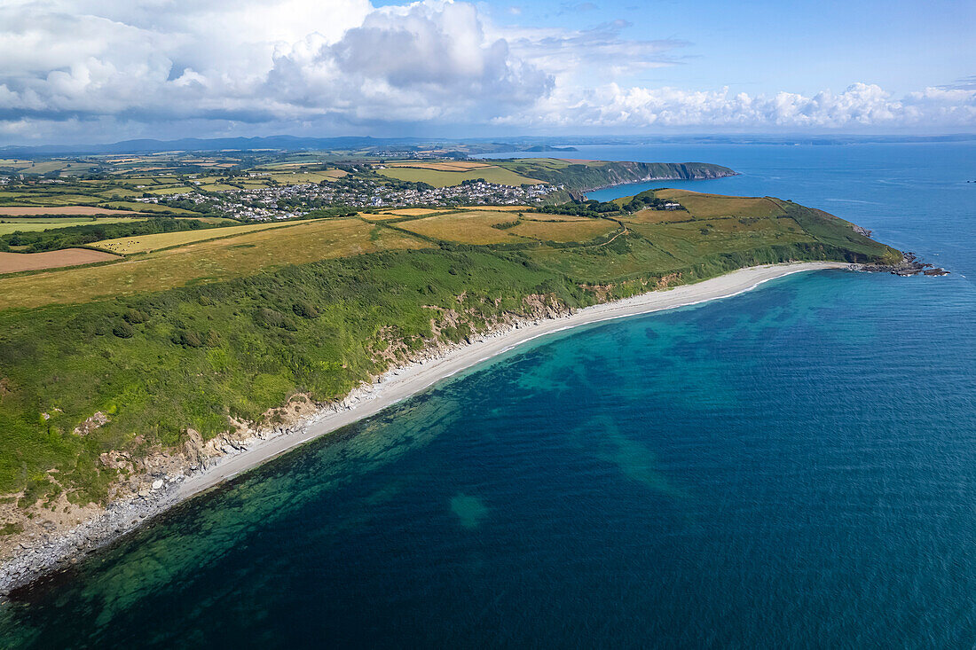 Vault Beach and St Goran seen from the air, Saint Austell, Cornwall, England, United Kingdom, Europe