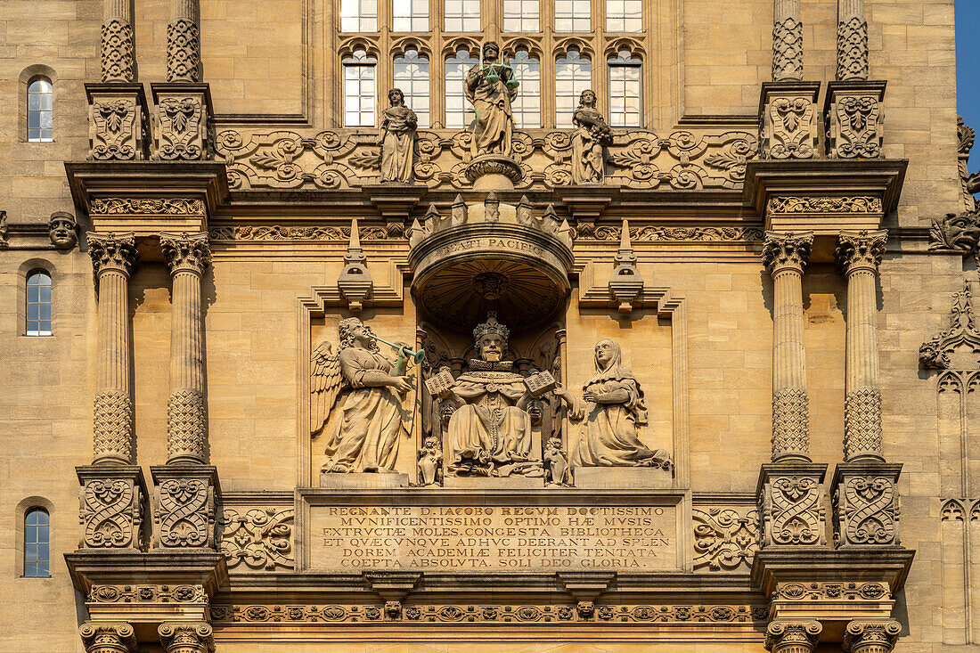 Detail of the Tower of the Five Orders, Bodleian Library, Oxford University, Oxford, Oxfordshire, England, United Kingdom, Europe