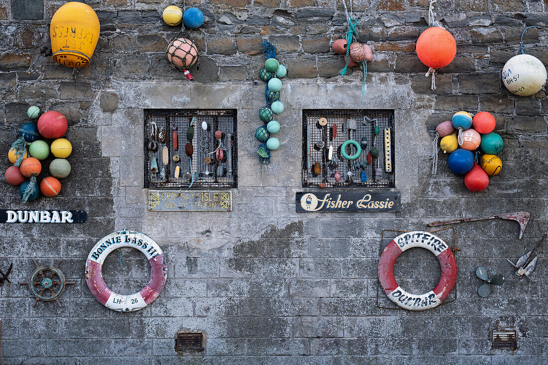 View of fishermen paraphernalia in Dunbar Harbour, East Lothian, Scotland, United Kingdom