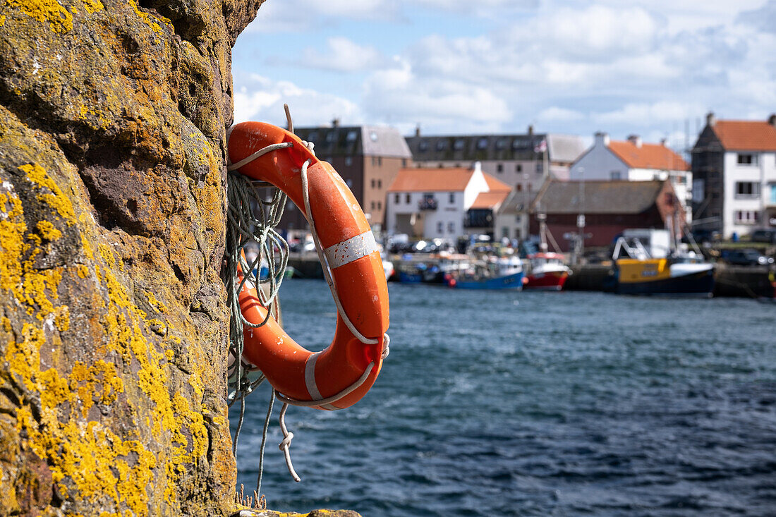 Blick auf den hafen von Dunbar, im Vordergrund ein Rettungsring, Dunbar, East Lothian, Schottland, Vereinigtes Königreich