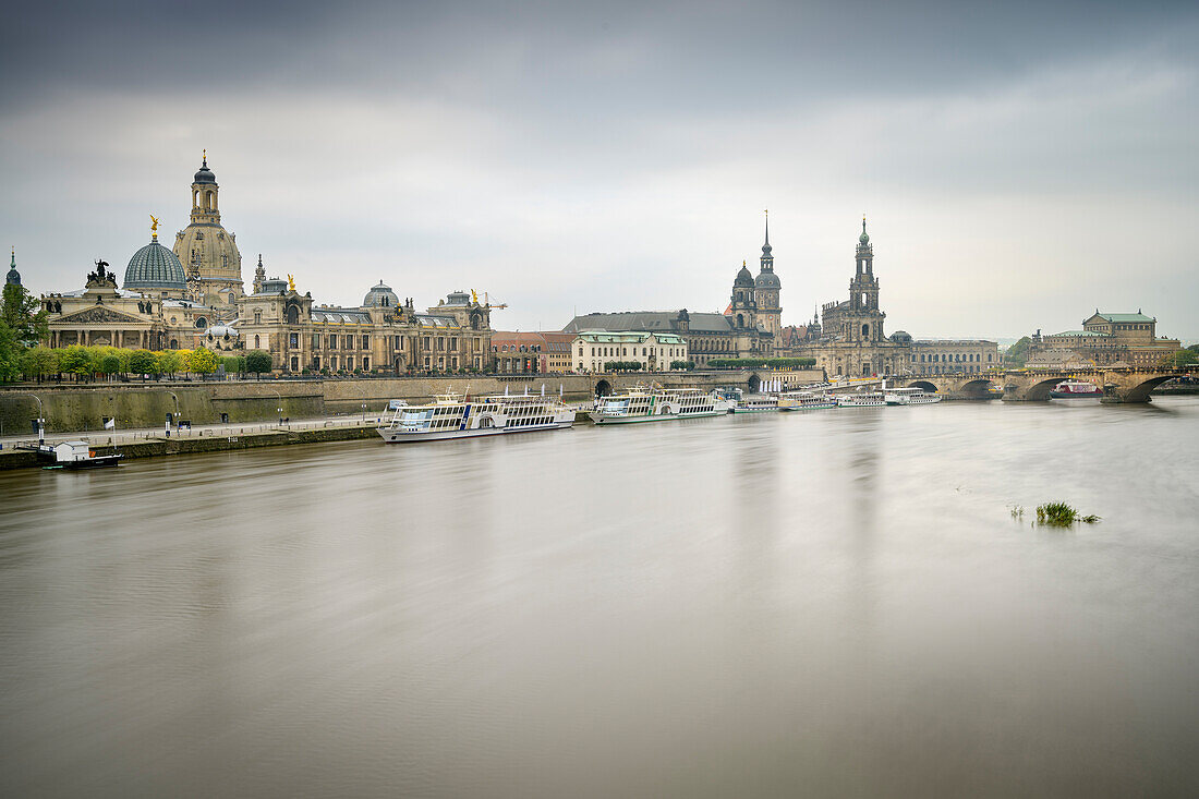 View over the Elbe to the old town of Dresden (to see the lemon squeezer, dome of the Frauenkirche, tower of the Green Vault, Cathedral Sanctissimae Trinitatis and the Semperoper), Free State of Saxony, Germany, Europe