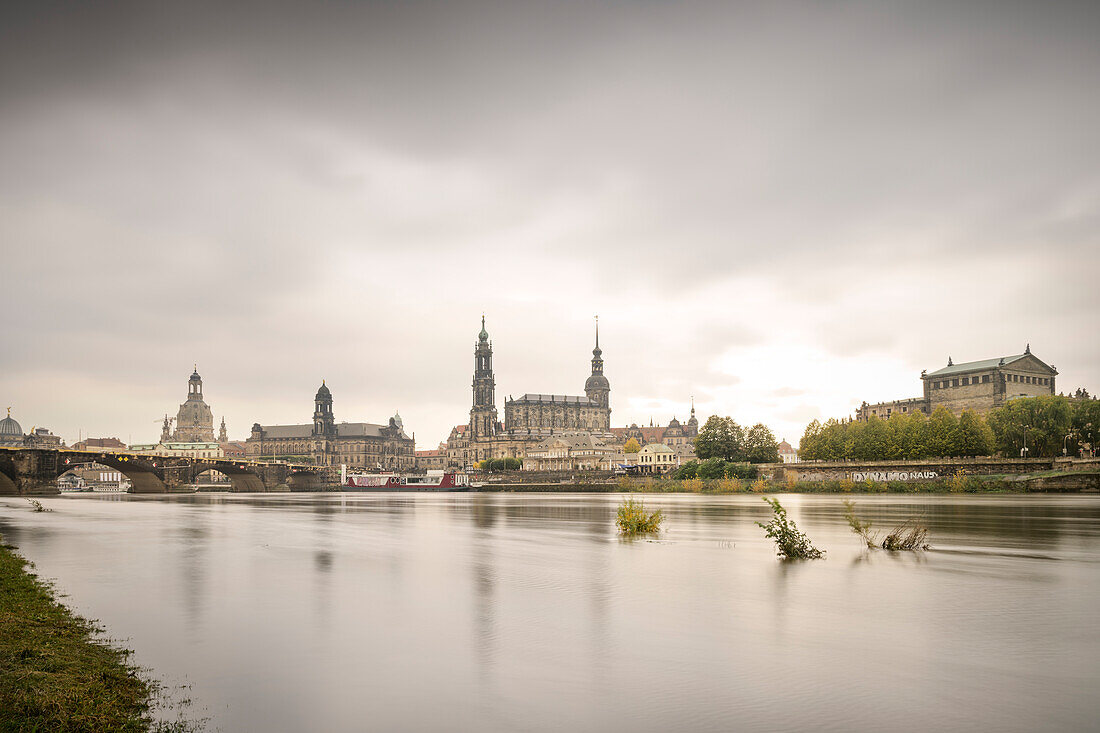 View over the Elbe to the old town of Dresden (to see the lemon squeezer, dome of the Frauenkirche, tower of the Green Vault, Cathedral Sanctissimae Trinitatis and the Semperoper), Free State of Saxony, Germany, Europe