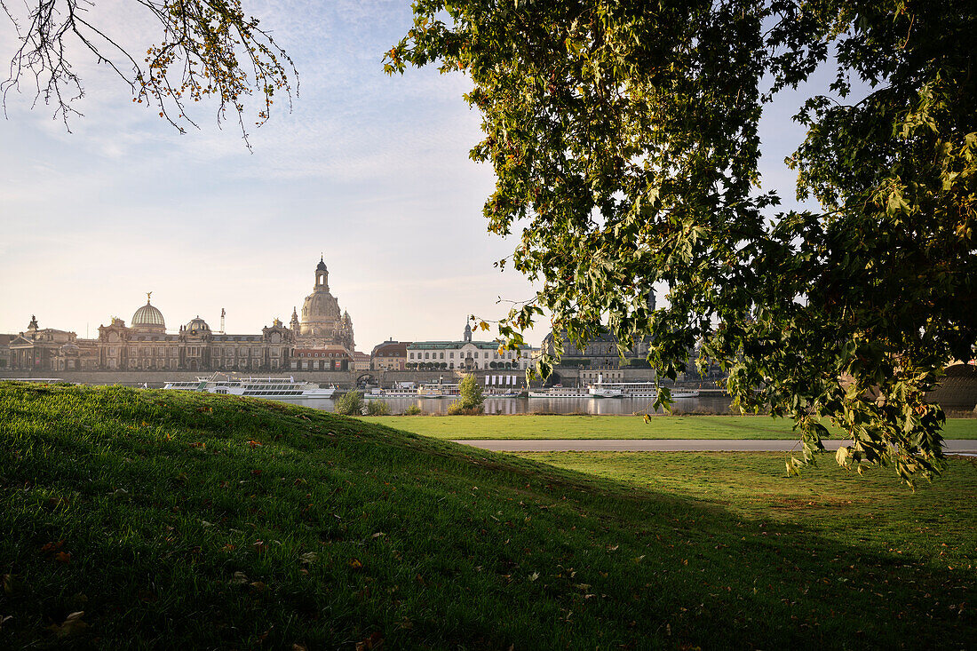 View over the Elbe to the old town of Dresden with the dome of the Frauenkirche and the &quot;Lemon Squeezer&quot;, Free State of Saxony, Germany, Europe