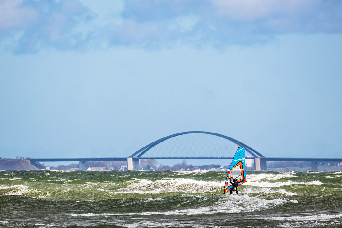 Windsurfer in Heiligenhafen mit der Fehmarn Sund Brücke im Hintergrund, Heiligenhafen, Ostsee, Schleswig-Holstein, Deutschland