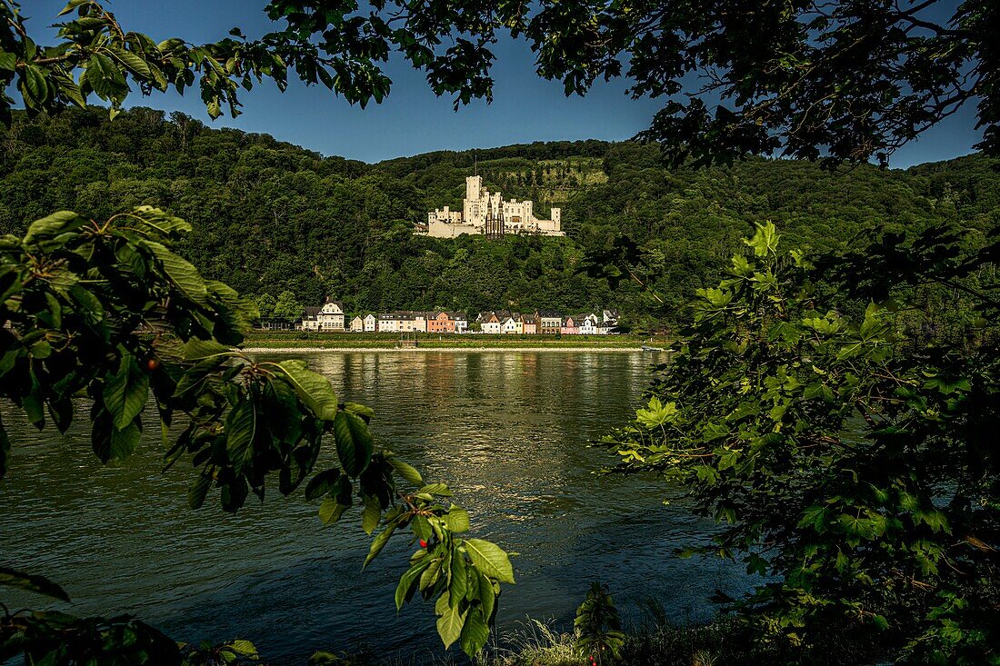 Blick über den Rhein auf den Ortsteil Stolzenfels und Schloss Stolzenfels, Koblenz, Oberes Mittelrheintal, Rheinland-Pfalz, Deutschland