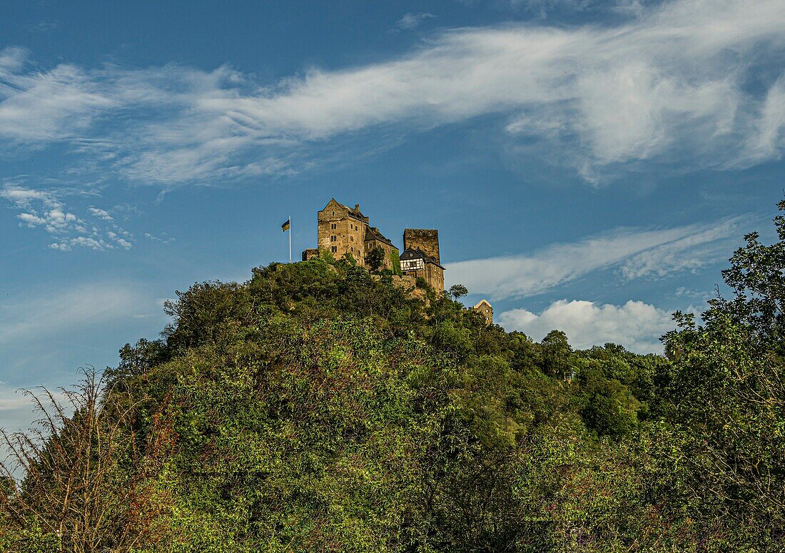 Schönburg in the evening light, seen from the Elfenley viewpoint, Oberwesel, Upper Middle Rhine Valley, Rhineland-Palatinate, Germany