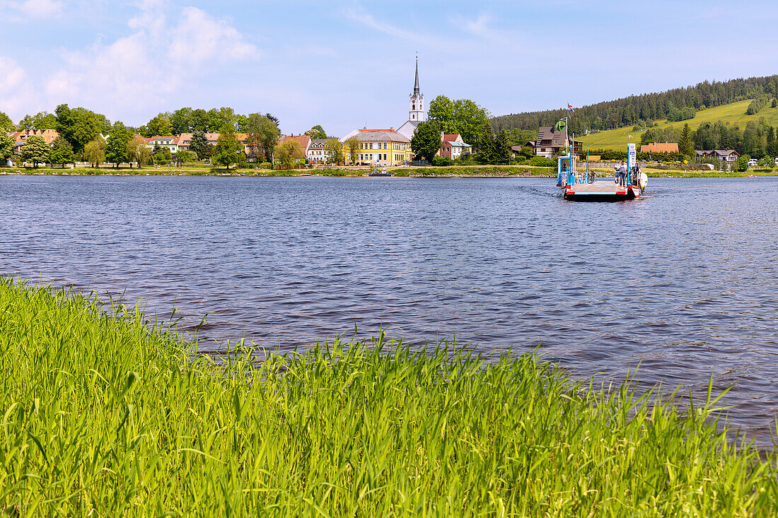 Frymburk nad Vltavou and ferry to Frýdava on Lipno Dam in Moldau Valley in Czech Republic