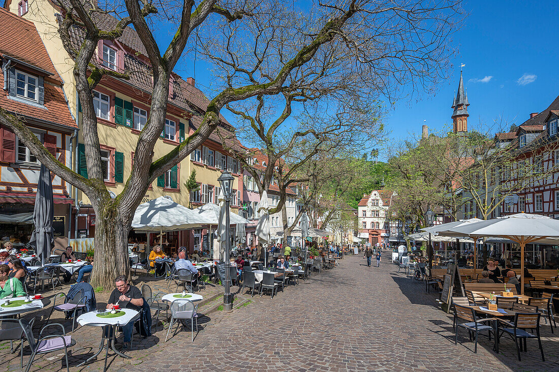 Street cafes on the market square in Weinheim, Odenwald, GEO Nature Park, Bergstrasse-Odenwald, Baden-Württemberg, Germany