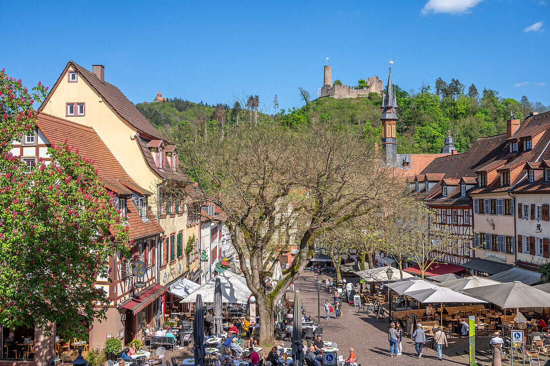 Street cafes on the market square in Weinheim, Odenwald, GEO Nature Park, Bergstrasse-Odenwald, Baden-Württemberg, Germany