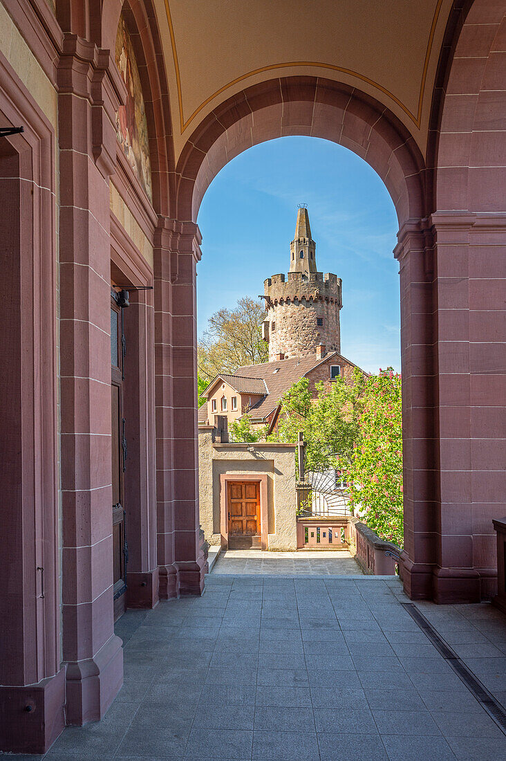 View from the Church of St. Laurentius to the Red Tower, Weinheim, Odenwald, GEO Nature Park, Bergstrasse-Odenwald, Baden-Württemberg, Germany