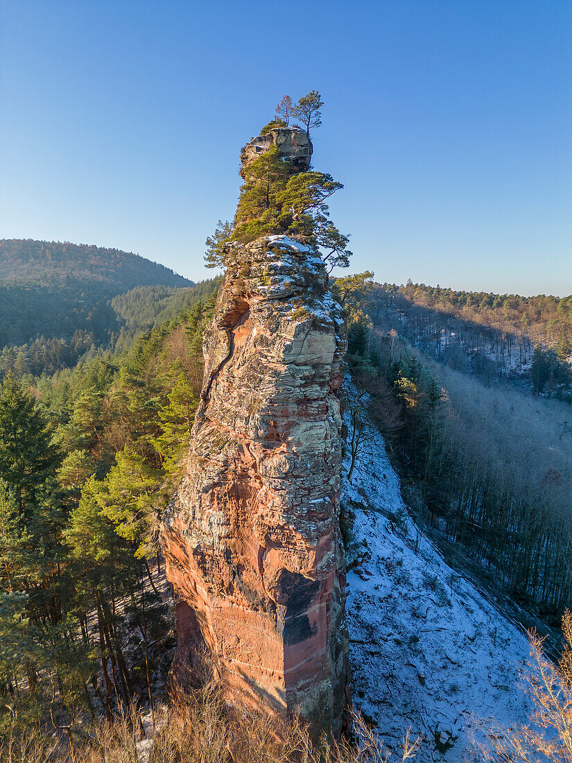 Lämmerfelsen im Winter, bei Dahn, Dahner Felsenland, Pfälzer Wald, Rheinland-Pfalz, Deutschland
