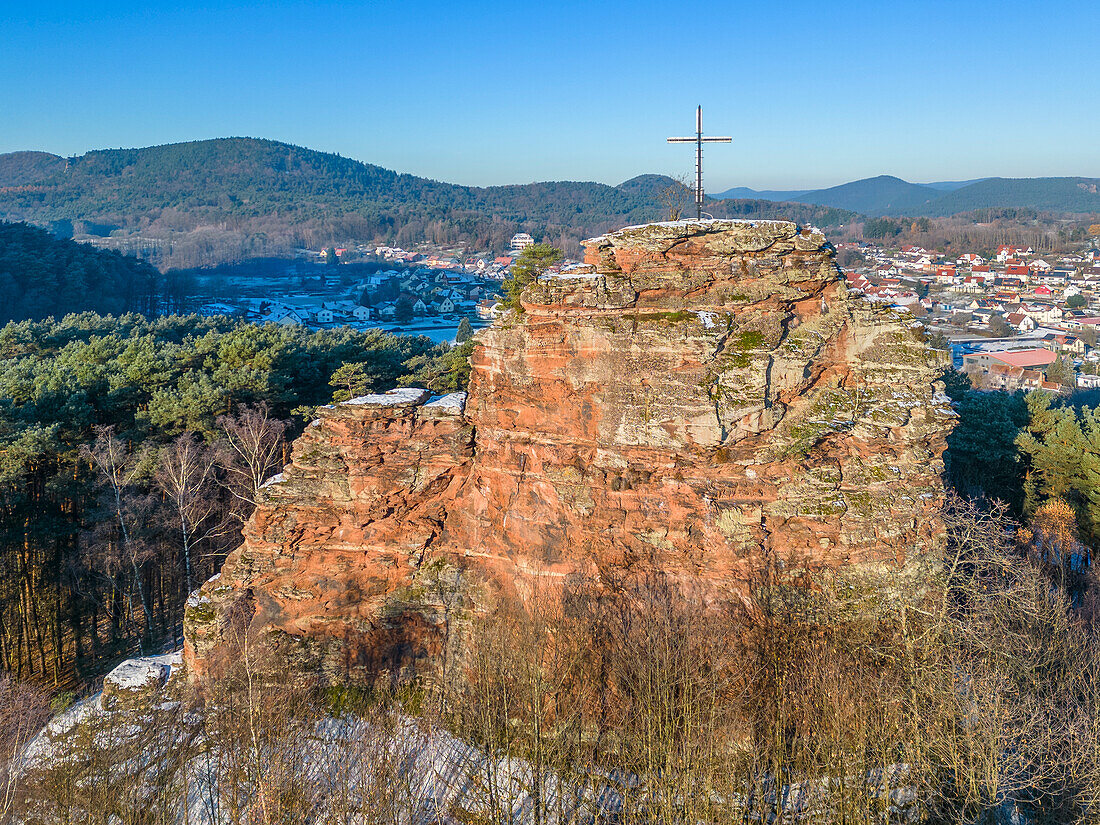 Aerial view of the Engelmannsfelsen near Gossenweiler-Stein, Wasgau, Palatinate Forest, Rhineland-Palatinate, Germany