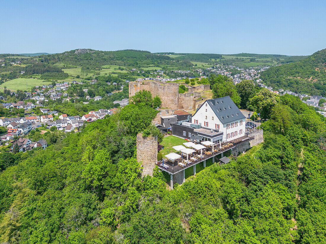 Aerial view of the Kyrburg, Kirn, Nahetal, Hunsrueck, Rhineland-Palatinate, Germany