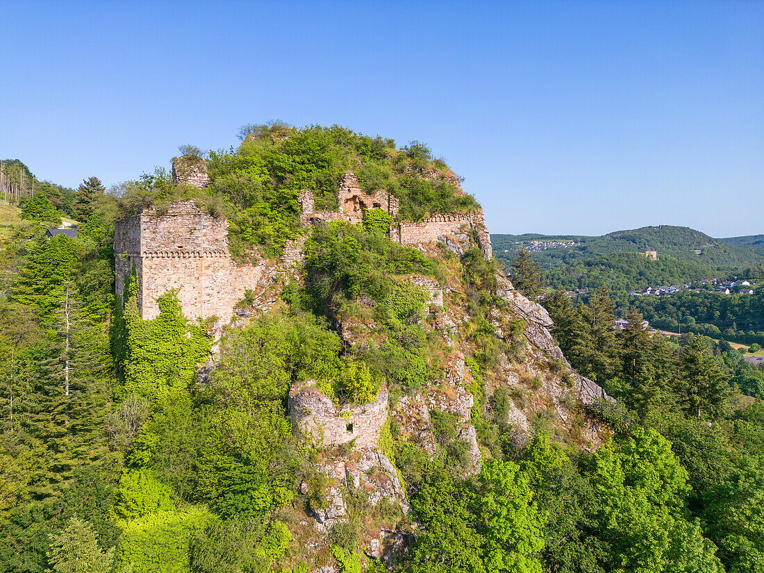 Luftaufnahme der Ruine Kallenfels in Kirn, Ortsteil Kallenfels, Nahetal, Hunsrück, Rheinland-Pfalz, Deutschland