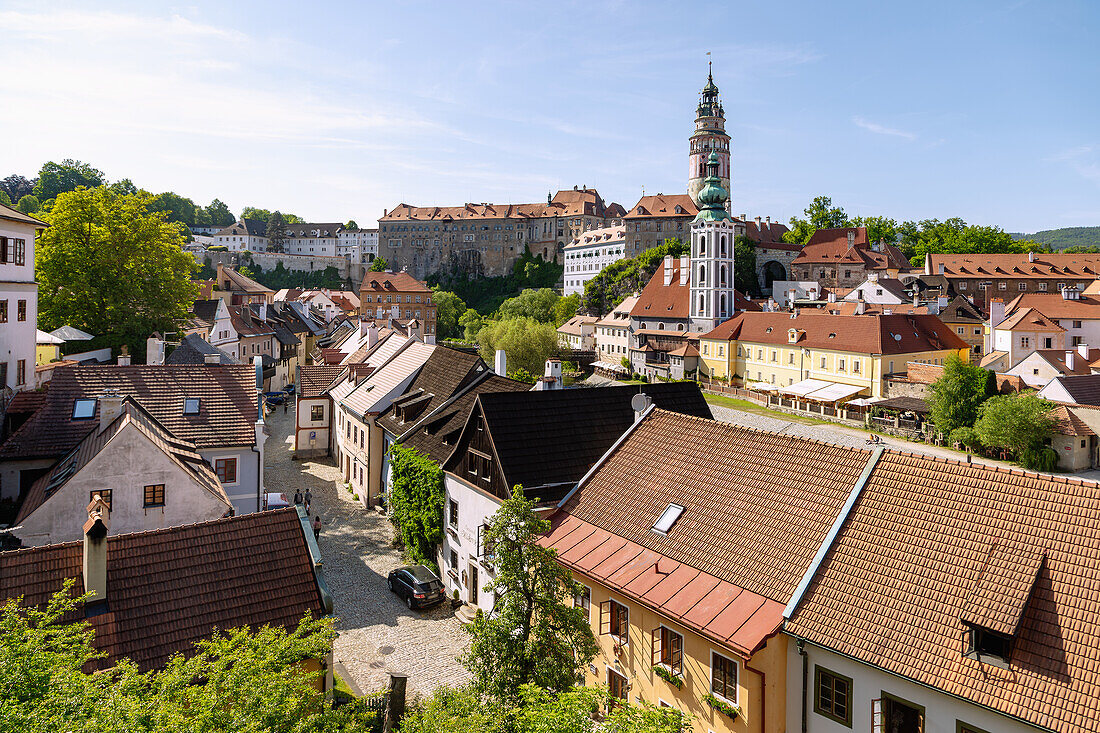 Old town of Český Krumlov with Cloak Bridge, castle and chateau, small castle with castle tower and St. Vitus Church in South Bohemia in the Czech Republic