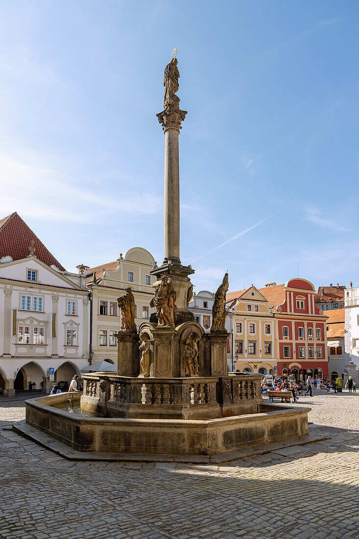 Náměstí Svornosti with Marian Column in Český Krumlov in South Bohemia in the Czech Republic