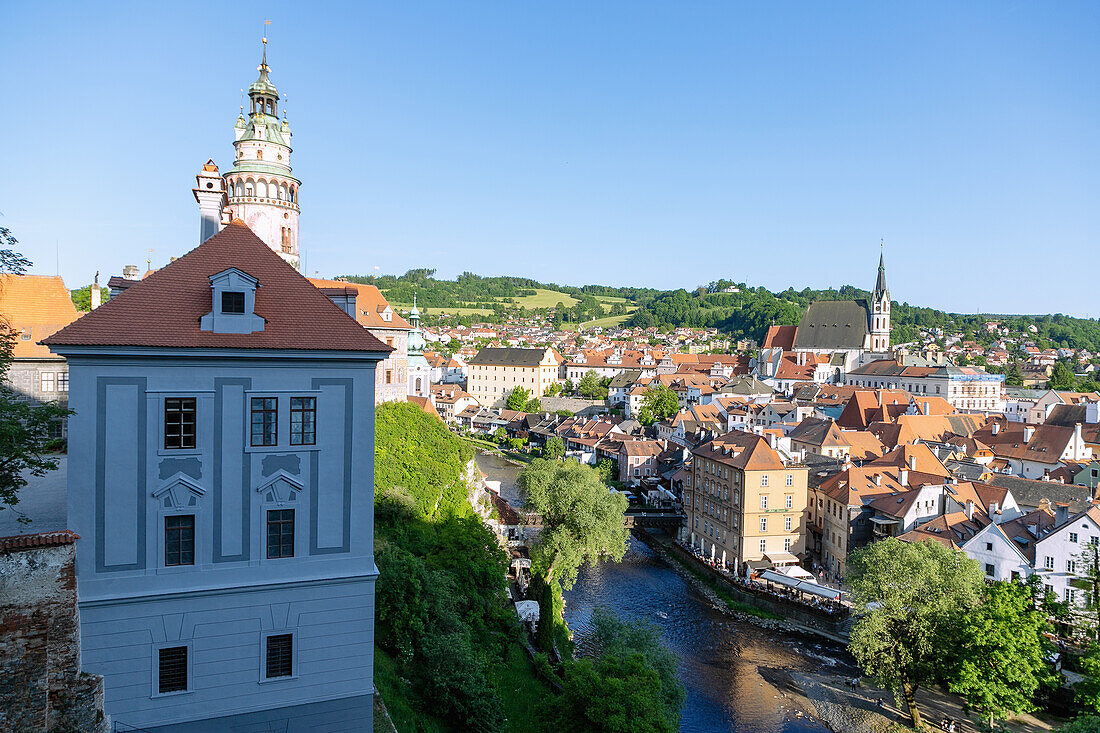 Old town of Český Krumlov with castle, small castle and castle tower and Church of St. Vitus in South Bohemia in the Czech Republic