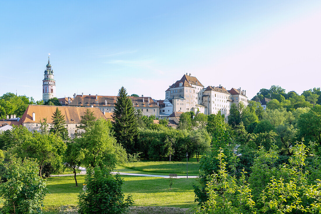 View over Deer Garden to Castle Tower, Small Castle, Palace and Castle in Český Krumlov in South Bohemia in the Czech Republic