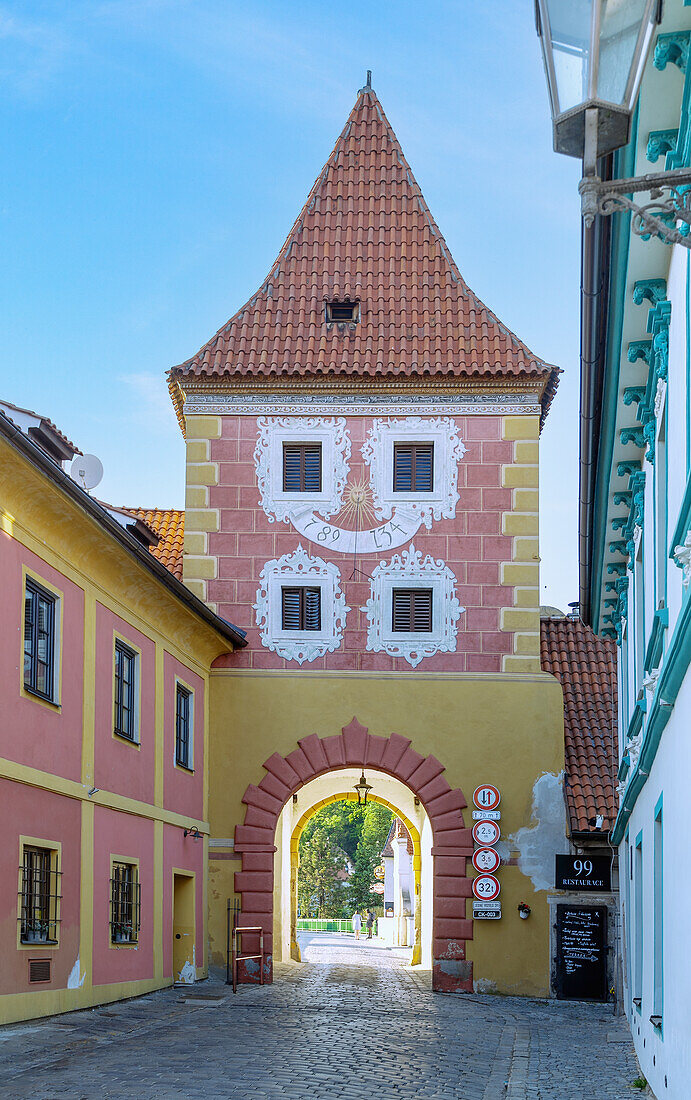 Budweiser Gate in the Latrán Quarter in Český Krumlov in South Bohemia in the Czech Republic