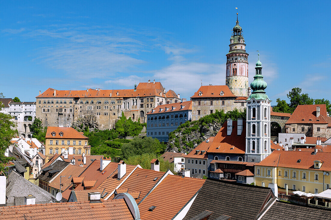 Old town of Český Krumlov with Cloak Bridge, castle and chateau, small castle with castle tower and St. Vitus Church in South Bohemia in the Czech Republic