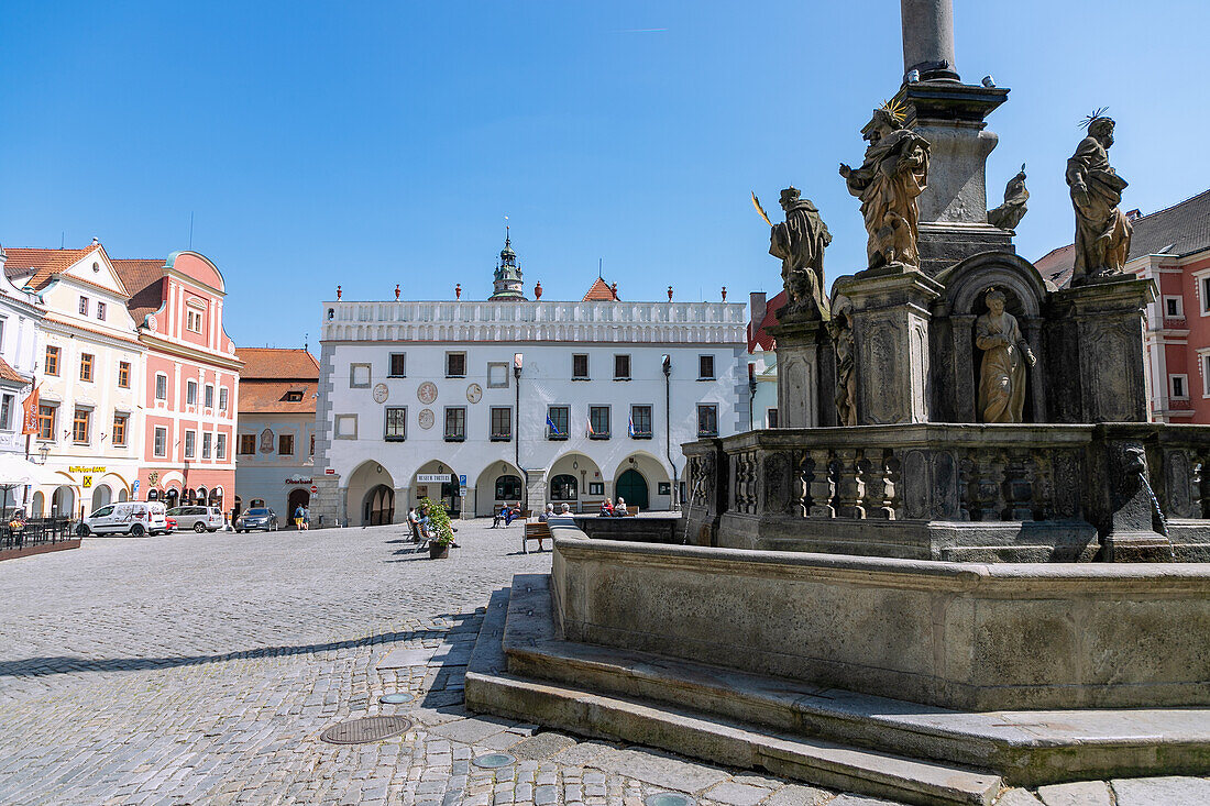 Náměstí Svornosti with Marian Column and Town Hall in Český Krumlov in South Bohemia in the Czech Republic