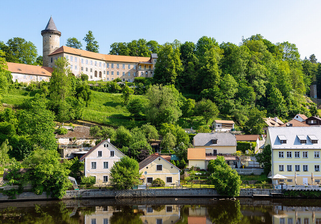 Upper Rožmberk Castle with Jakobína Tower in Rožmberk nad Vltavou in South Bohemia in the Czech Republic