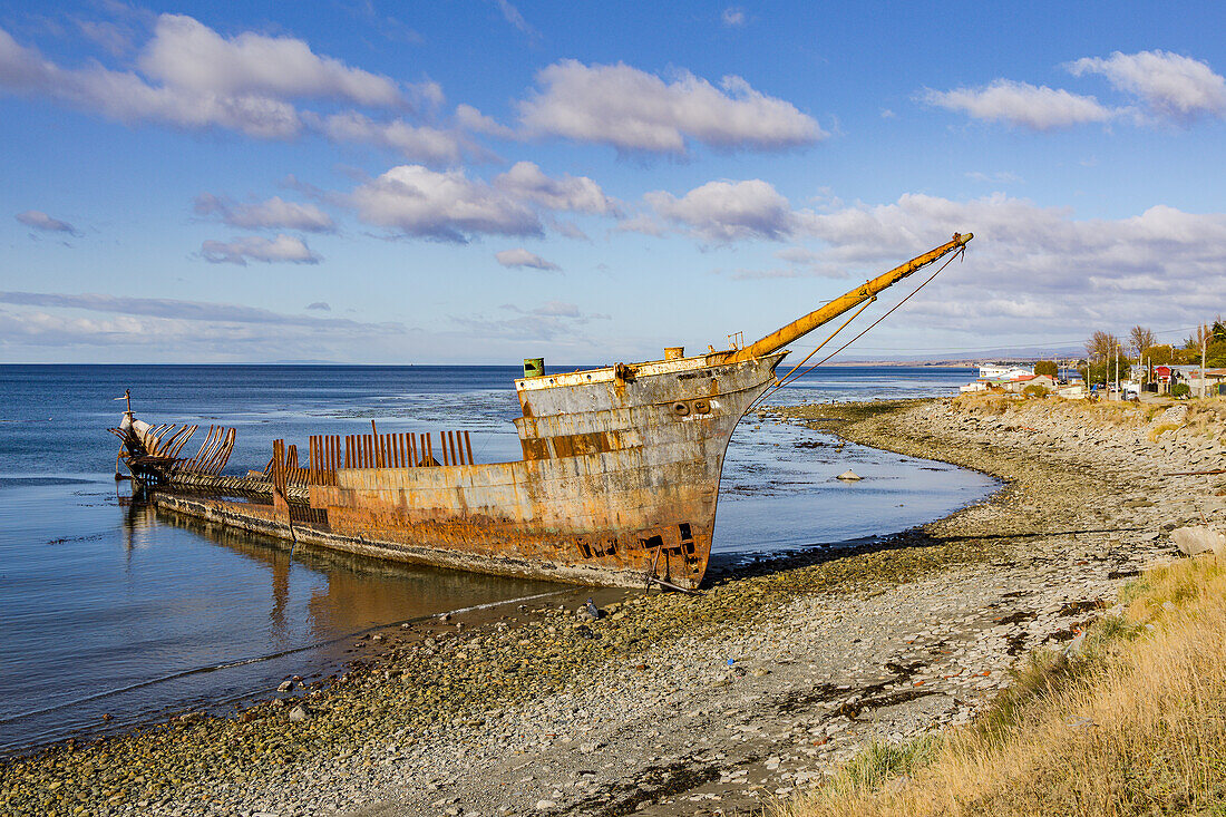 A shipwreck on the coast at Punta Arenas in Southern Chile between the Atlantic and Pacific Oceans, Patagonia, South America