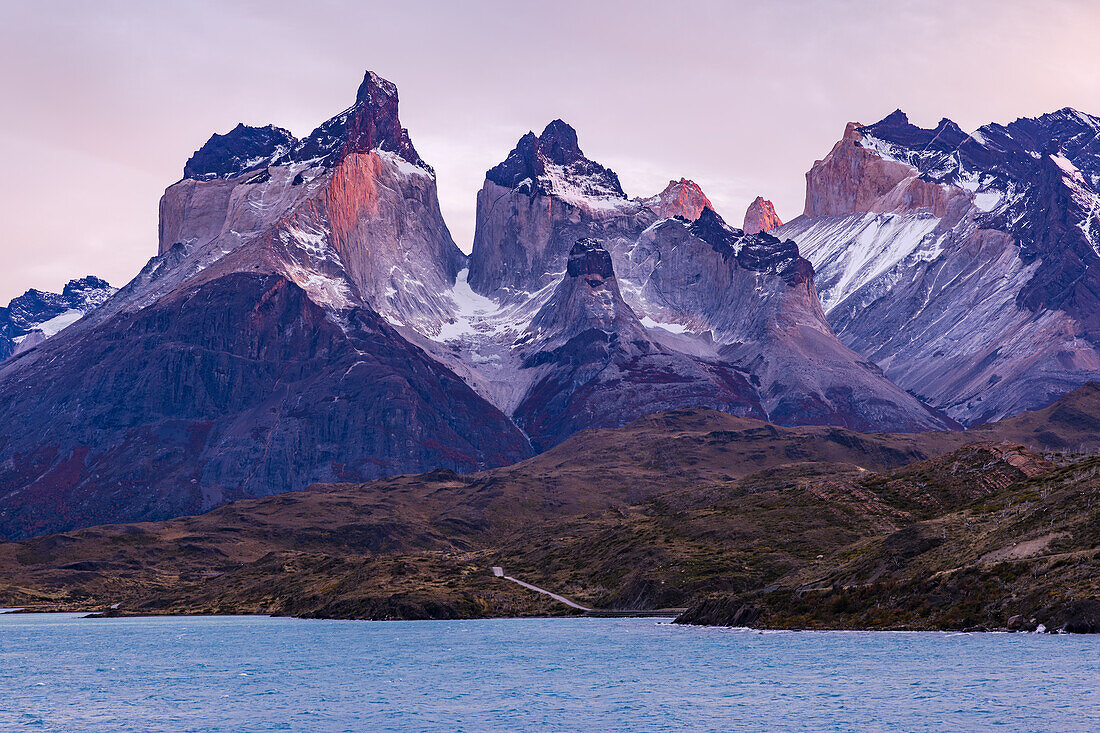 The granite peaks of the horns called Los Cuernos at dawn, Torres del Paine National Park, Chile, Patagonia, South America