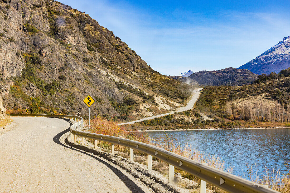 Adventure road trip in the Andes on the gravel road Ruta 265 along Lago General Carrera in Chile, Patagonia