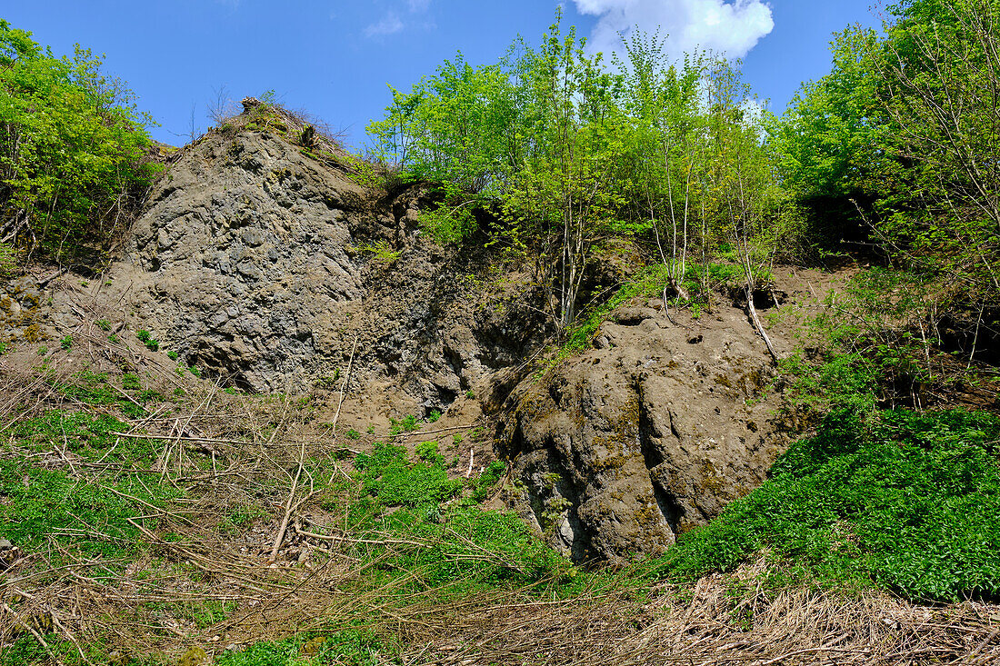 Basalt quarry at Bramberg in the Haßberge Nature Park, Haßfurt district, Lower Franconia, Franconia, Bavaria, Germany
