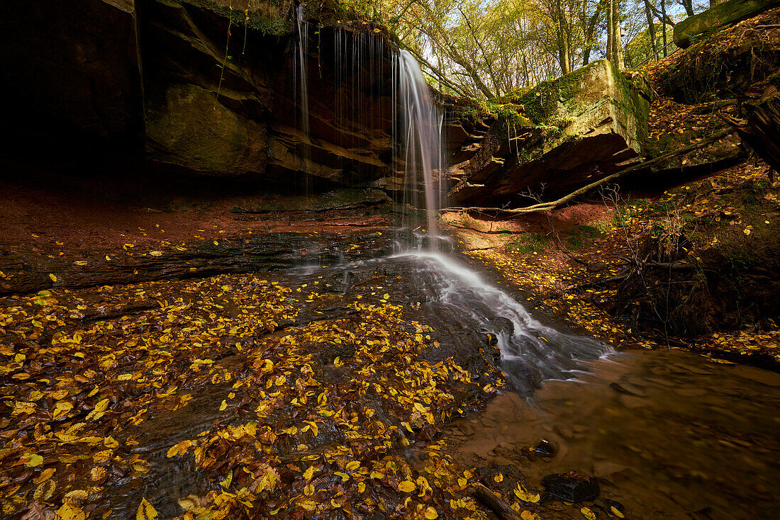 The Trettstein waterfall of the Eidenbach near Gräfendorf in the Spessart Nature Park, Main-Spessart district, Franconia, Lower Franconia, Bavaria, Germany