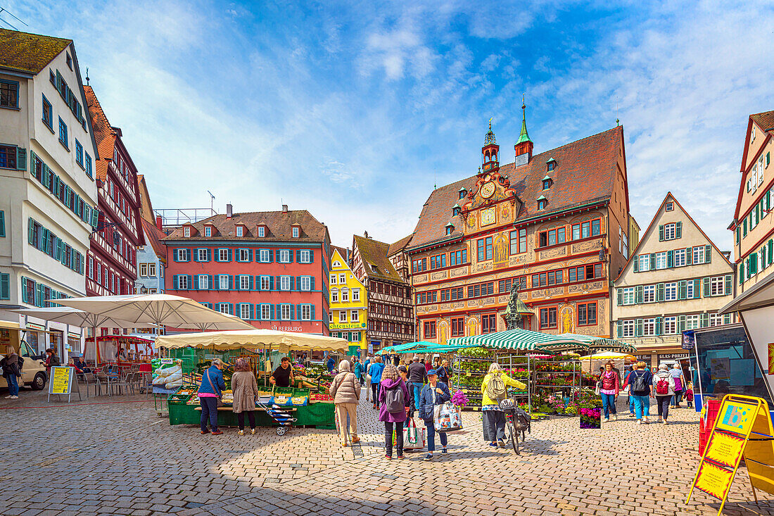 Obst-und Gemüsemarkt vor Rathaus am Marktplatz, Tübingen, Baden-Württemberg, Deutschland