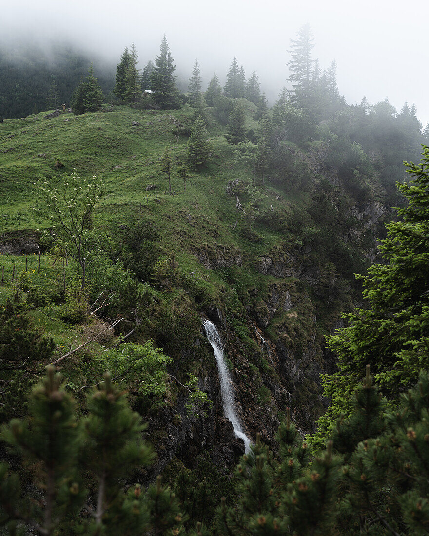 Waterfall at Gaisalpsee in fog, Rubi, Germany