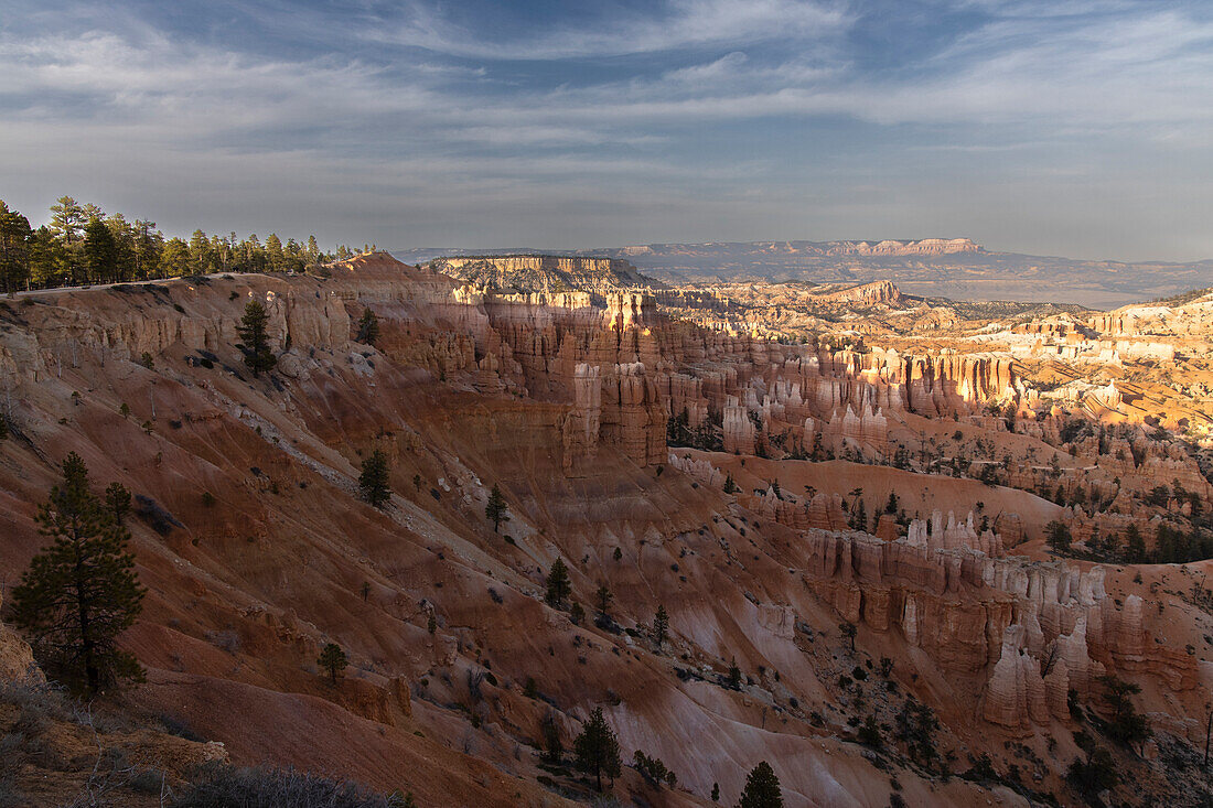 Wide view of rock formations and pinnacles at the amphitheater in Bryce Canyon National Park.