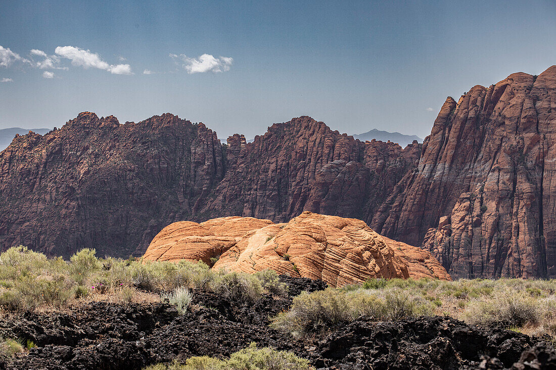 Gelber Felsen in der Sonne vor rot brauner Felswand im Schatten. Im Vordergrund grüne Büsche, Snow Canyon State Park, Utah, USA