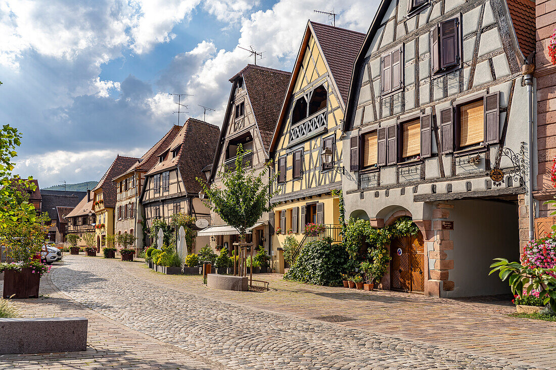 Fachwerkhäuser an der Place du docteur Pierre Walter in Bergheim, Elsass, Frankreich  