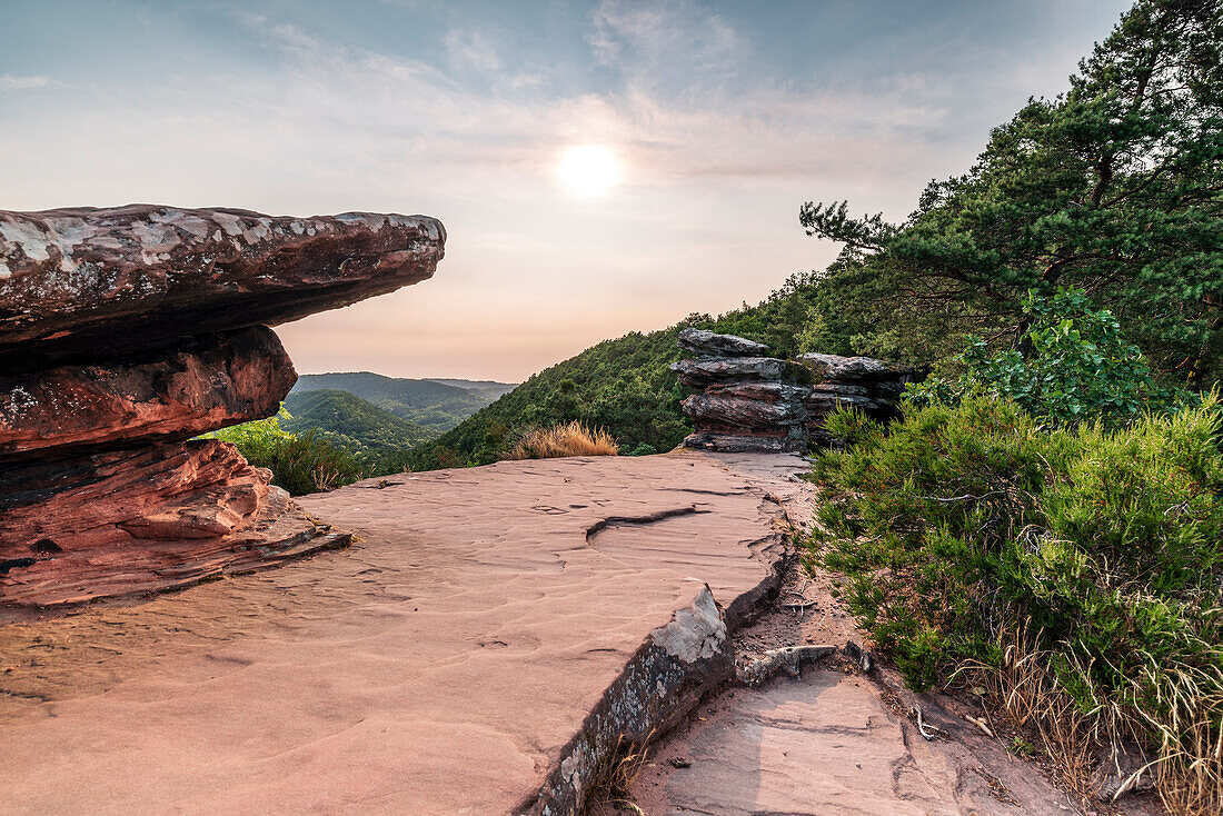 Table-shaped rock on top of the Geiersteinen, Wernersberg, Palatinate Forest, Rhineland-Palatinate, Germany
