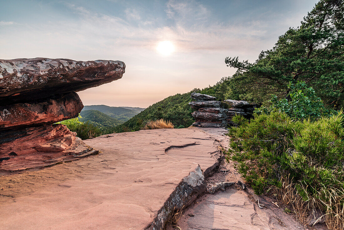 Tischförmiger Felsen oben auf den Geiersteinen, Wernersberg, Pfälzerwald, Rheinland-Pfalz, Deutschland