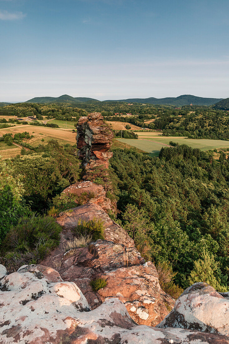 Charakteristischer Blick auf die Geiersteine, Wernersberg, Pfälzerwald, Rheinland-Pfalz, Deutschland