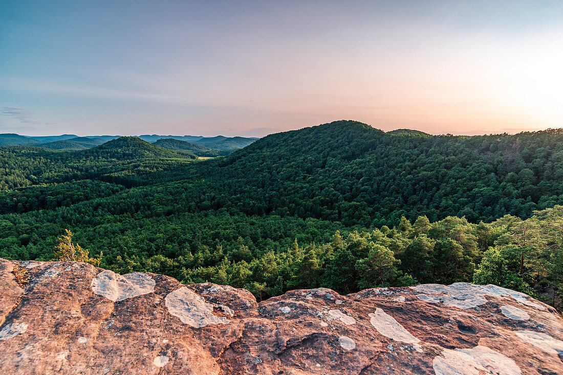 Panoramablick vom Rötzenfels mit Burgruine Lindelbrunn im Hintergrund, Gossersweiler-Stein, Pfälzerwald, Rheinland-Pfalz, Deutschland