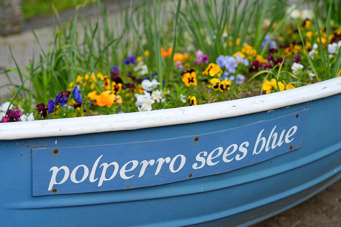 Großbritannien, England, Grafschaft Cornwall, Südküste, Fischerdorf Polperro, Boot mit Blumen bepflanzt