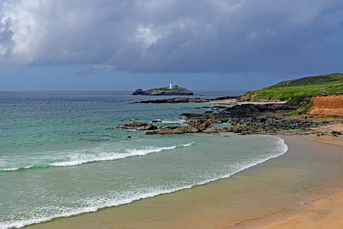 England, Cornwall, north coast near St Ives, Godrevy Point with a view of the lighthouse of the same name