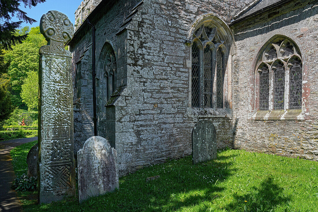 Great Britain, Wales, Pembrokeshire, Nevern, gravestones with high cross from the 10th/11th century century
