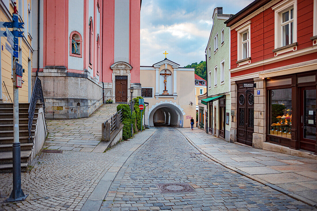 Steinweg and parish church of St. Paul in Passau, Bavaria, Germany