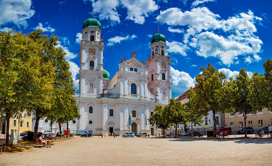 Passau Cathedral Square and St. Stephan Cathedral in Passau, Bavaria, Germany