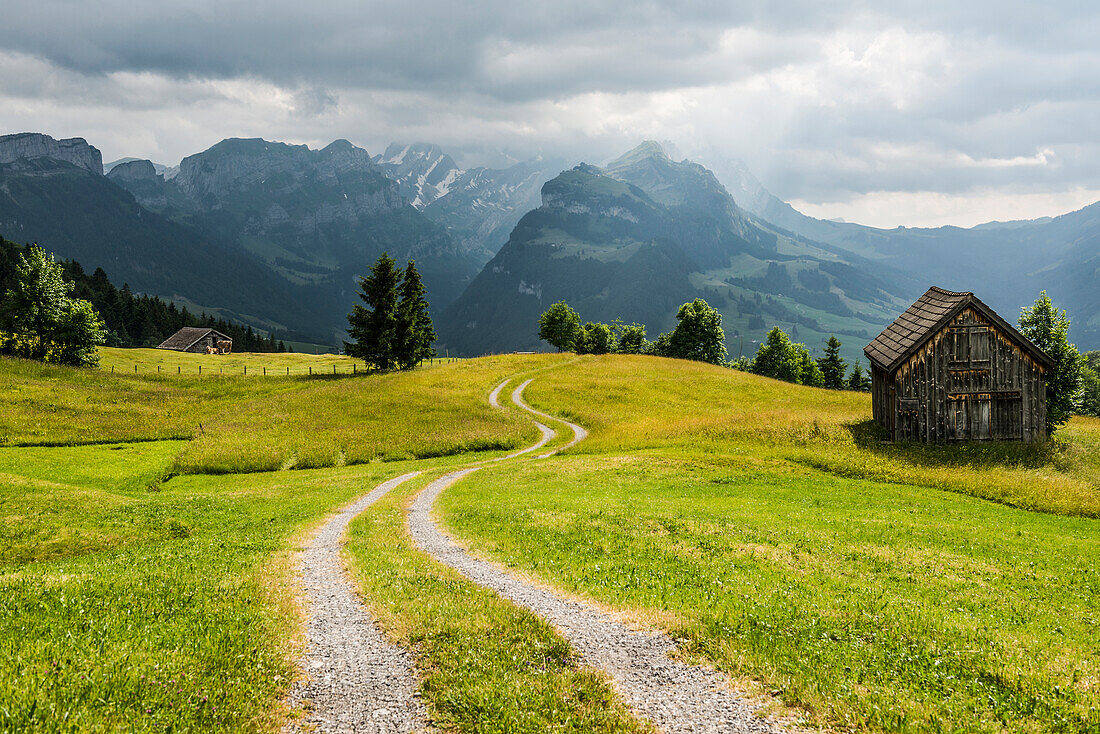 Alpine huts, Fähnerenspitz, view of the Alpstein massif with the Hoher Kasten, Canton of Appenzell-Innerrhoden, Switzerland