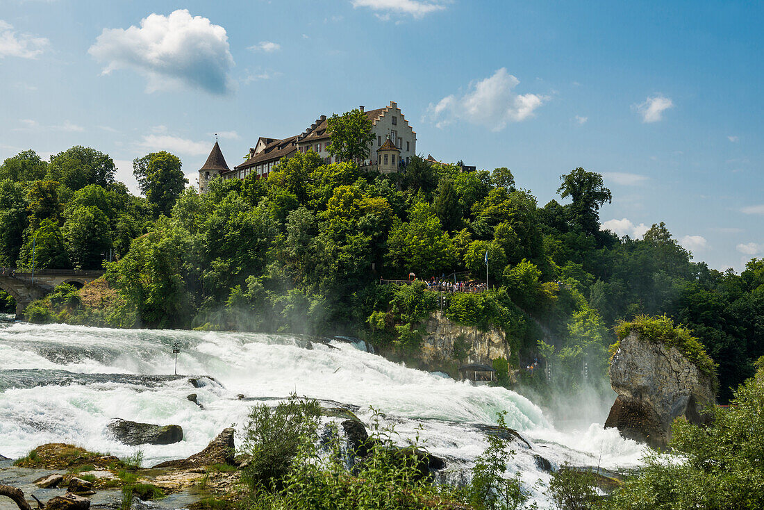 Wasserfall und Schloss, der Rheinfall bei Schaffhausen mit dem Schloss Laufen, Kanton Schaffhausen, Schweiz