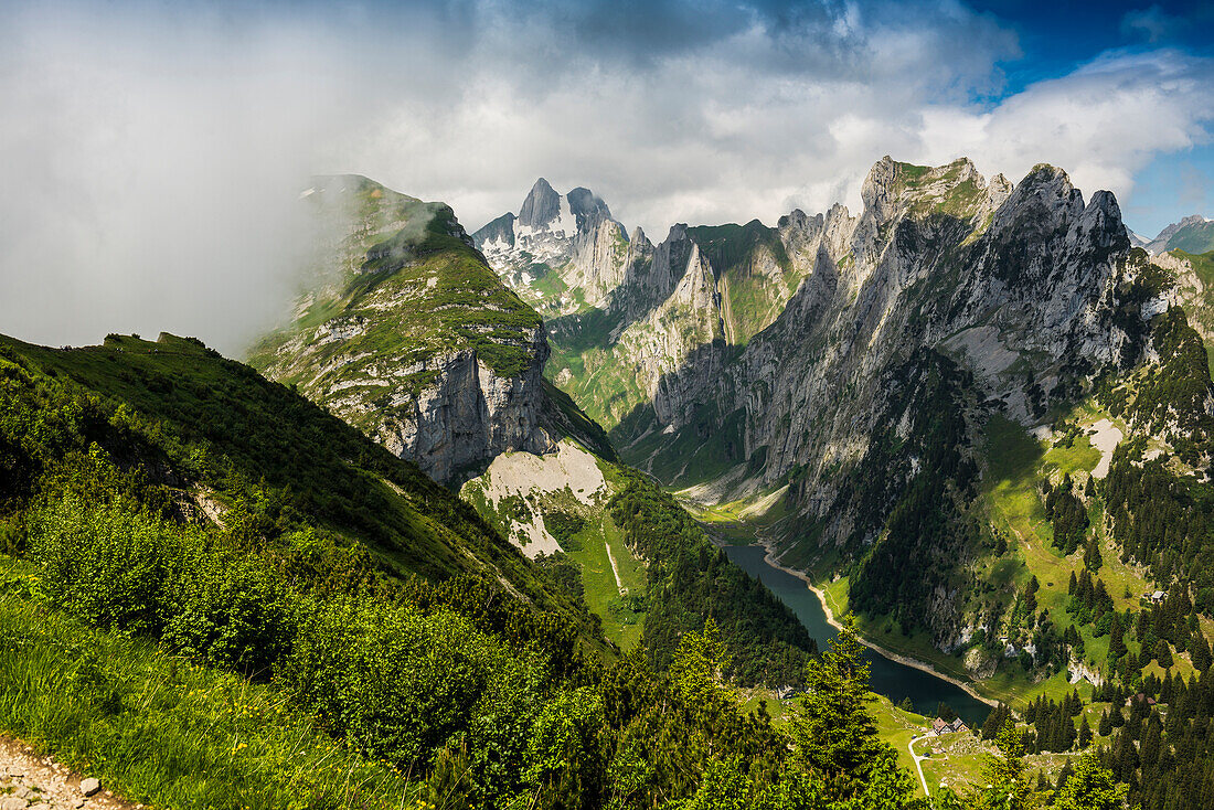 Steep mountains and clouds, Hoher Kasten, Saxer Lücke, Alpstein, Appenzell Alps, Canton of Appenzell Innerrhoden, Switzerland