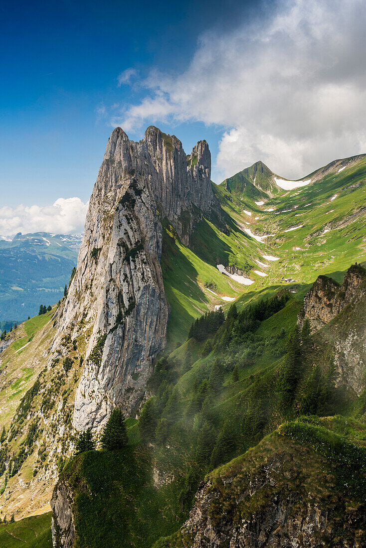 Steep mountains and clouds, Hoher Kasten, Saxer Lücke, Alpstein, Appenzell Alps, Canton of Appenzell Innerrhoden, Switzerland