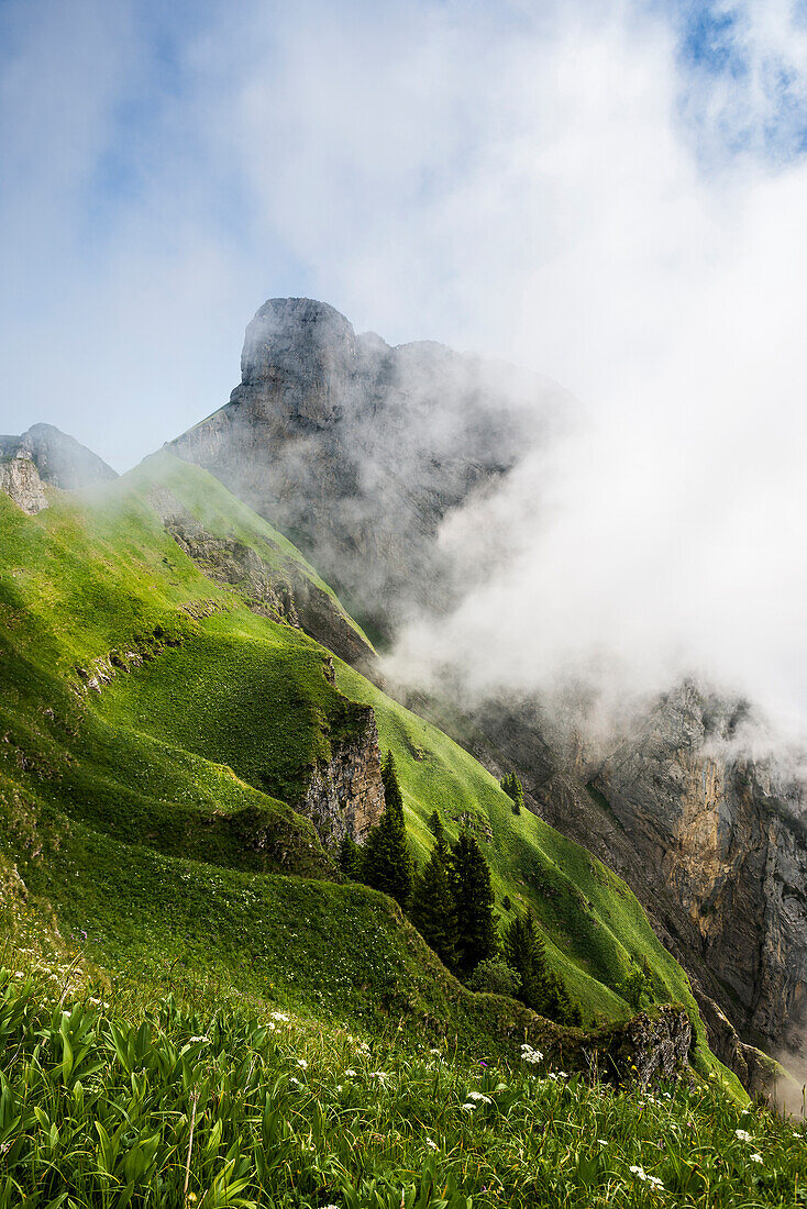 Steep mountains and clouds, Hoher Kasten, Saxer Lücke, Alpstein, Appenzell Alps, Canton of Appenzell Innerrhoden, Switzerland